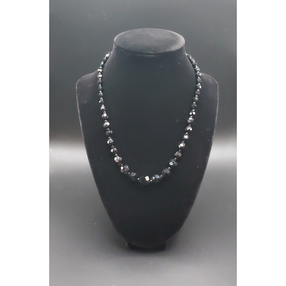 2028  Black Glass Beaded Necklace Facetted‎ Graduated 16"